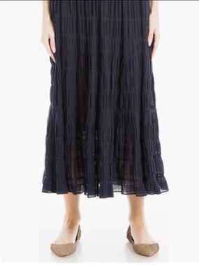 Max Studio light weight sheer gathered Cotton Navy Maxi Skirt lined Large NWOT